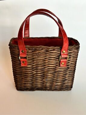 Woven Basket Tote Red Handles Cottagecore Picnic Market Bag